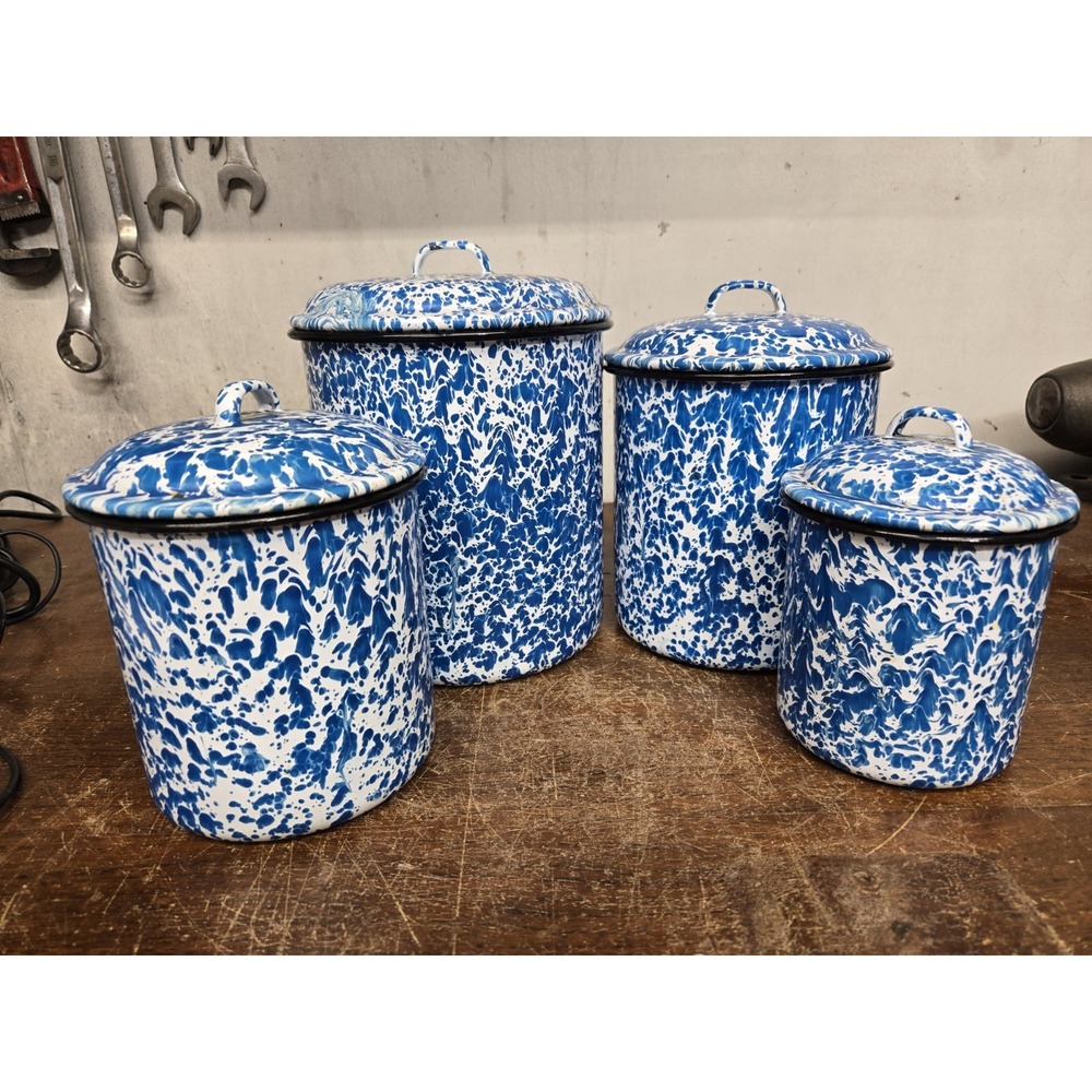Vintage Blue White Splatter Enamelware Canister Set of 4 Lidded Nesting